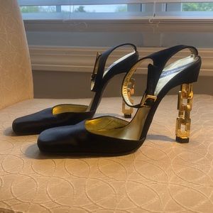 Gold chain heel black satin